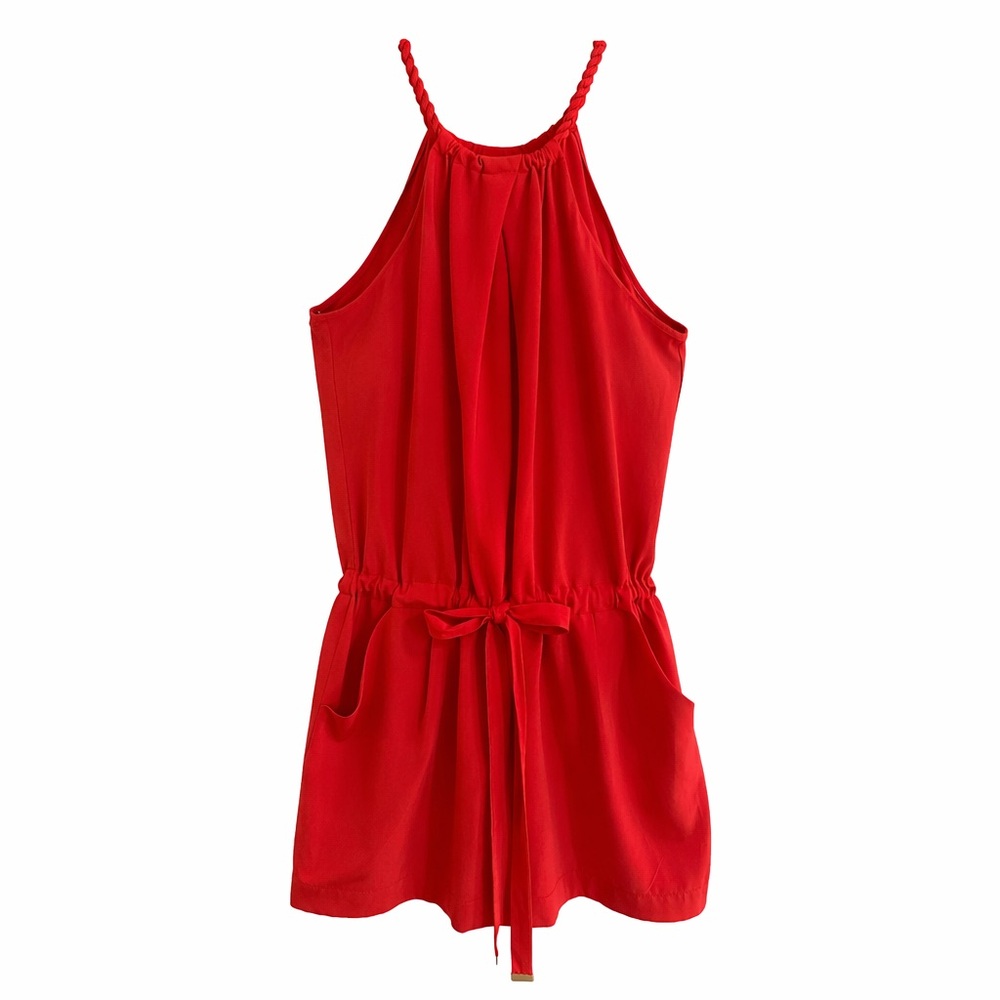 Rachel Roy Red Halter Mini Dress Romper Braided Straps Waist Tie Pockets size M